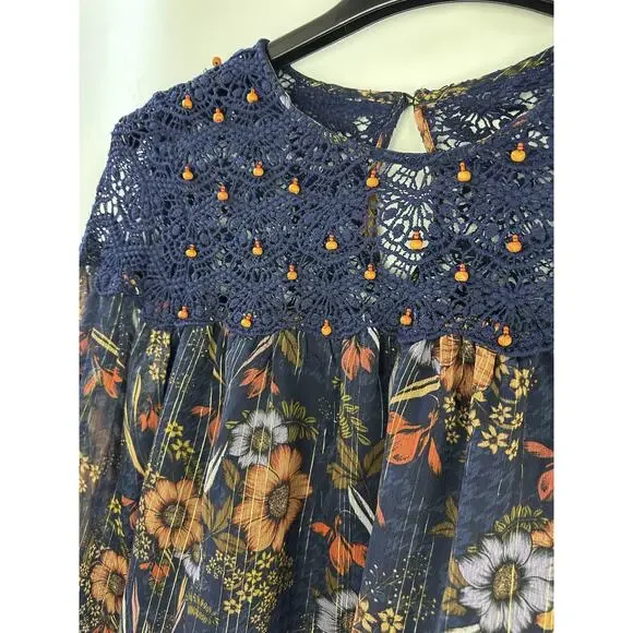 Anthropologie Mynahs Reynu Taandon Cristy Crotchet Beaded Blouse Boho Peasant XS - Picture 14 of 15